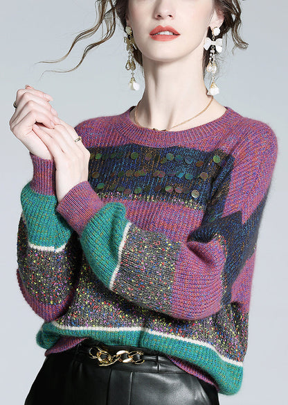 Purple Striped Sequins Cashmere Knit Sweater Winter