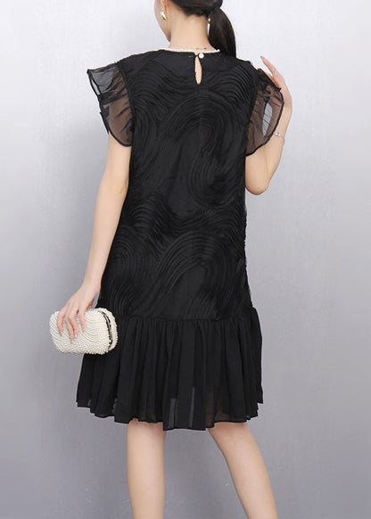 Black O Neck Wrinkled Tulle Patchwork Chiffon Dress Summer