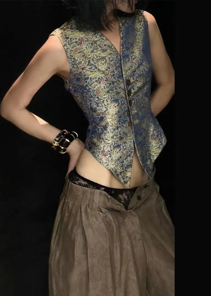 Print Button Pockets Silk Two-piece Set Sleeveless Summer