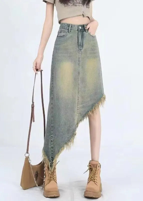 Blue Asymmetrical Tasseled Denim Skirt Summer