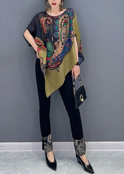 Colorblock Asymmetrical Print Chiffon Top Batwing Sleeve