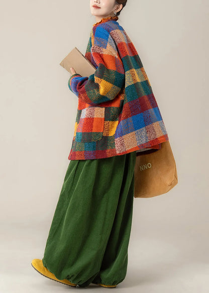 Plaid Pockets Woolen Coat and Green Pants Two Pieces Set Winter