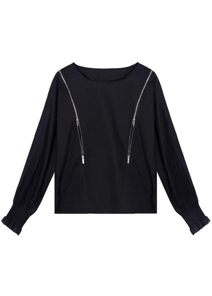 Black O-neck Zippered Fall Top Long Sleeve