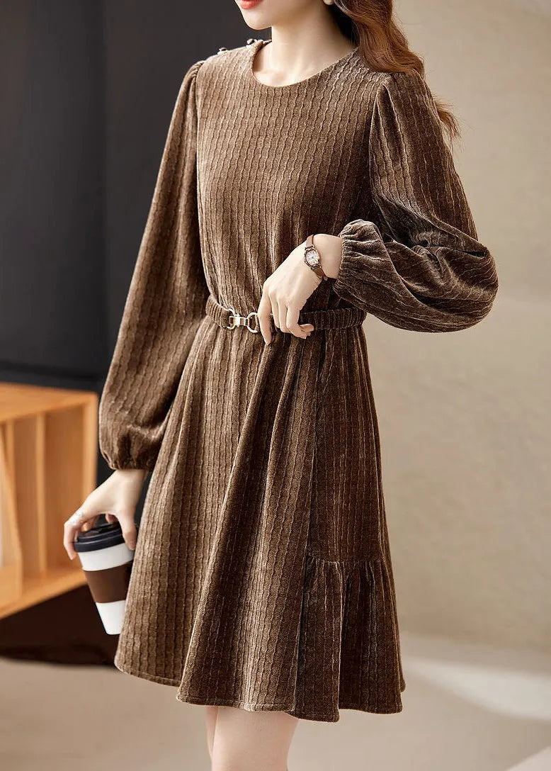 Coffee O Neck Sashes Patchwork Silk Velour Mid Dress Spring