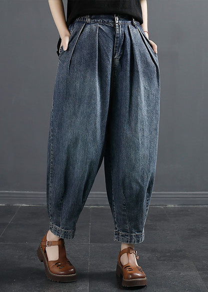 Denim Navy Pockets Patchwork High Waist Lantern Pants Fall