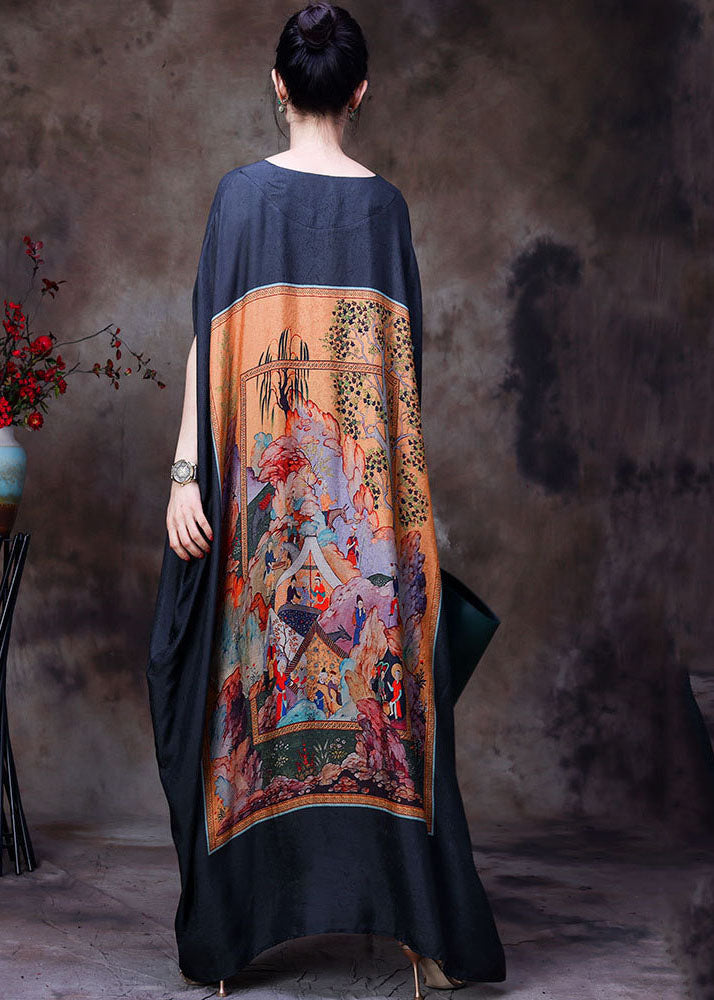 Black V Neck Print Party Long Dress for Batwing Sleeve