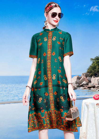 Blue Green Mandarin Collar Print Side Open Silk Cheongsam Dresses Short Sleeve