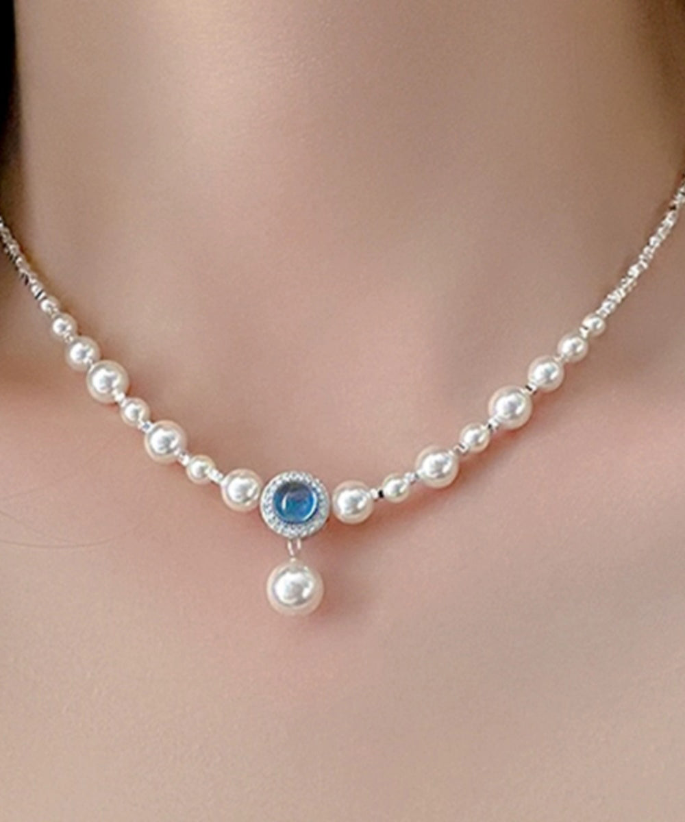 Blue Copper Silver Plating Pearl Broken Silver Gem Stone Pendant Necklace