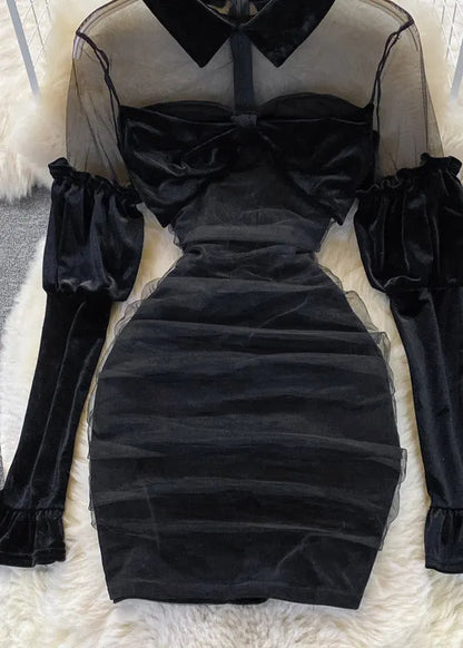 Black Peter Pan Collar Tulle Patchwork Bow Velour Hip Dress Long Sleeve