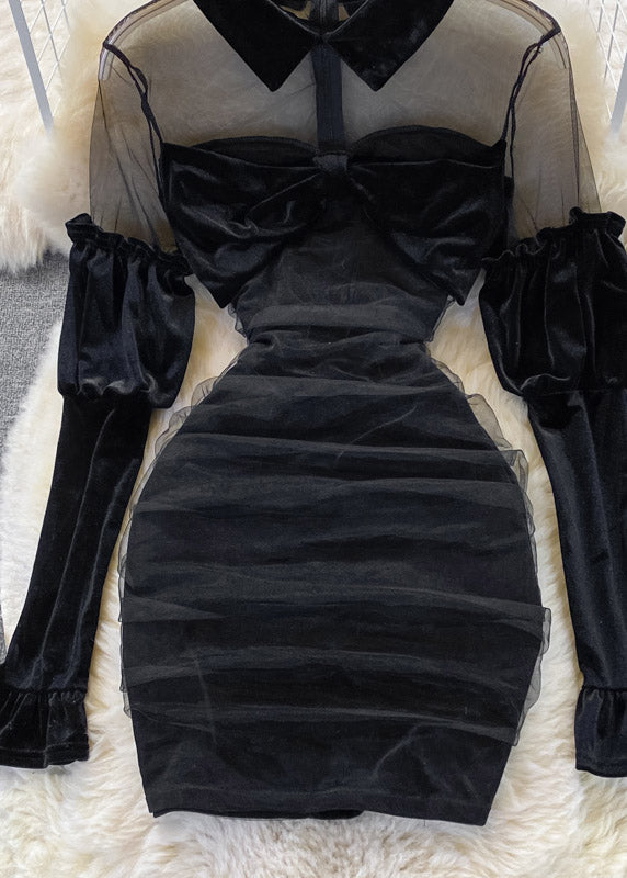 Black Peter Pan Collar Tulle Patchwork Bow Velour Hip Dress Long Sleeve