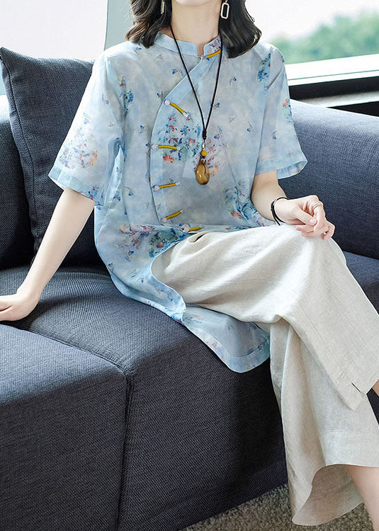 Light Blue Mandarin Collar Asymmetrical Design Print Linen Tops and Pants 2 Piece Outfit Summer