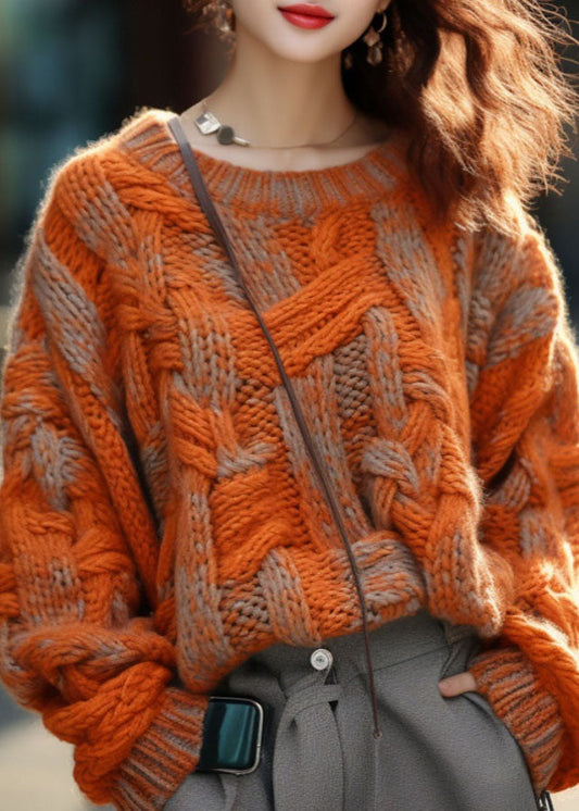 Orange Warm Cotton Knitted Cable Sweater Winter