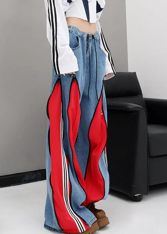 Original Design Red Pockets Patchwork Denim Wide Leg Pants Fall