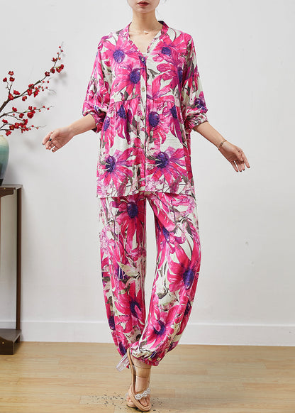 Purple V Neck Print Cotton Two Pieces Set Summer