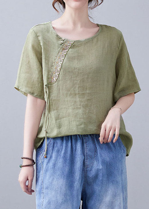 Green O-neck Embroidery Shirt Short Sleeve