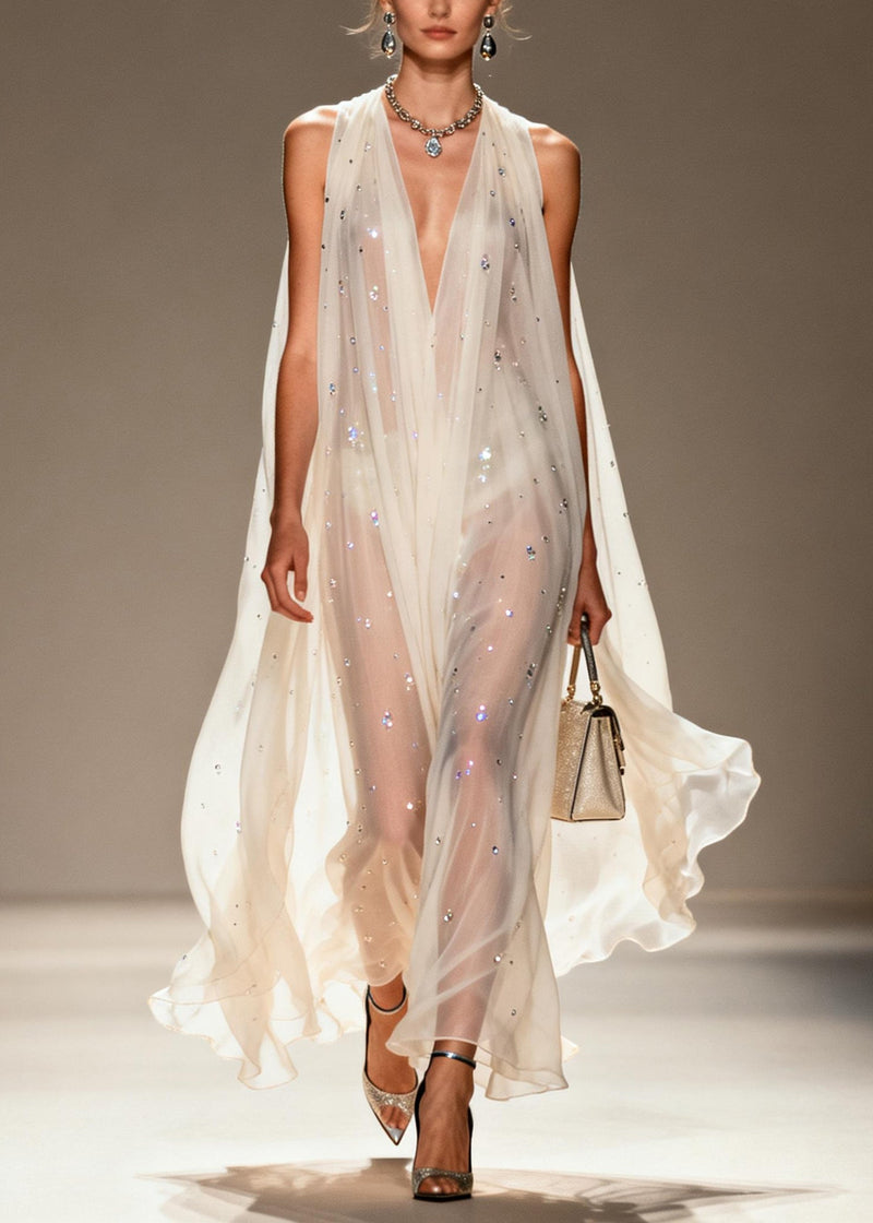 White Rhinestone Draping Chiffon Sheer Dress Sleeveless Summer