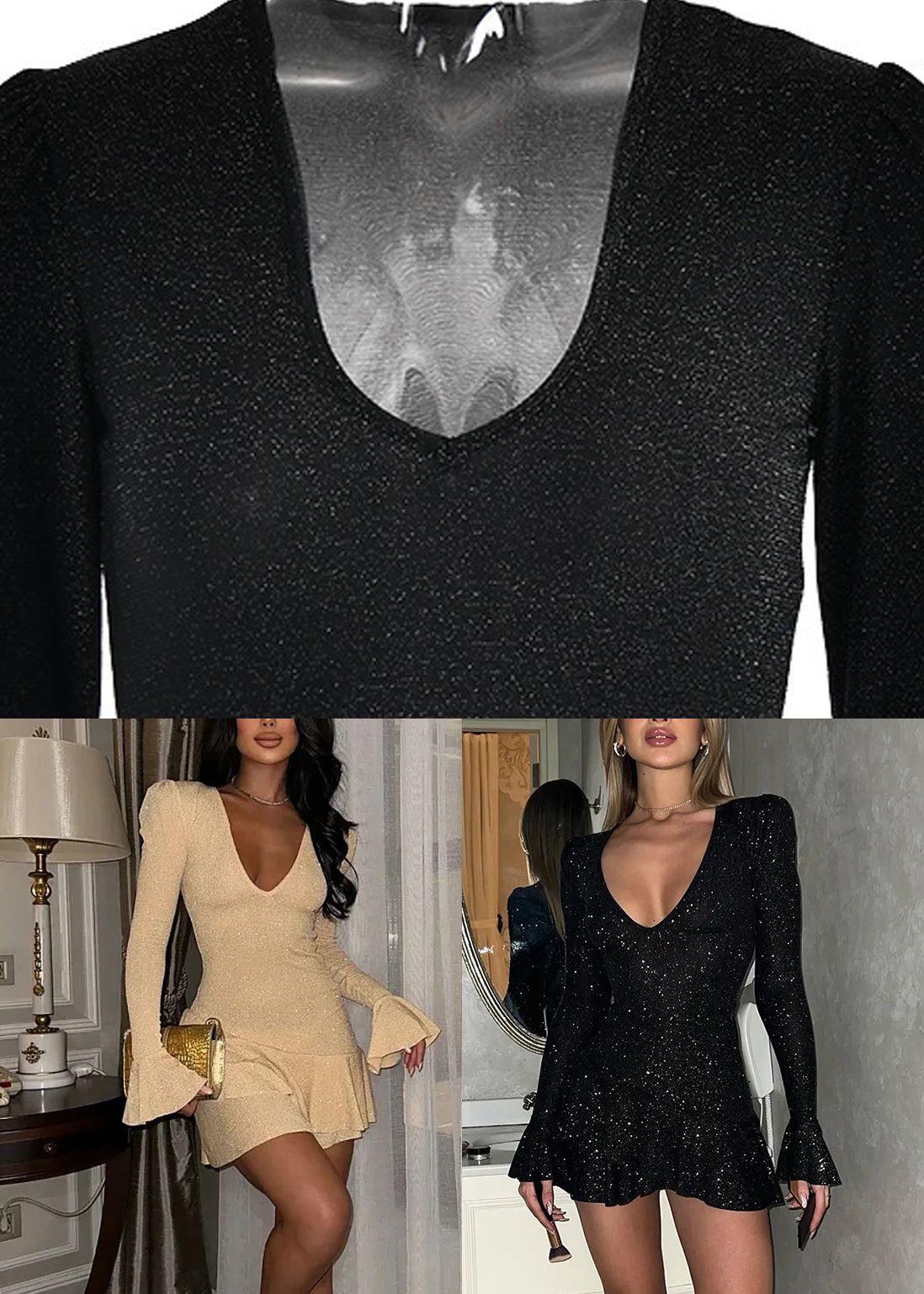 Italian New Black V Neck Silk Mid Dress Spring