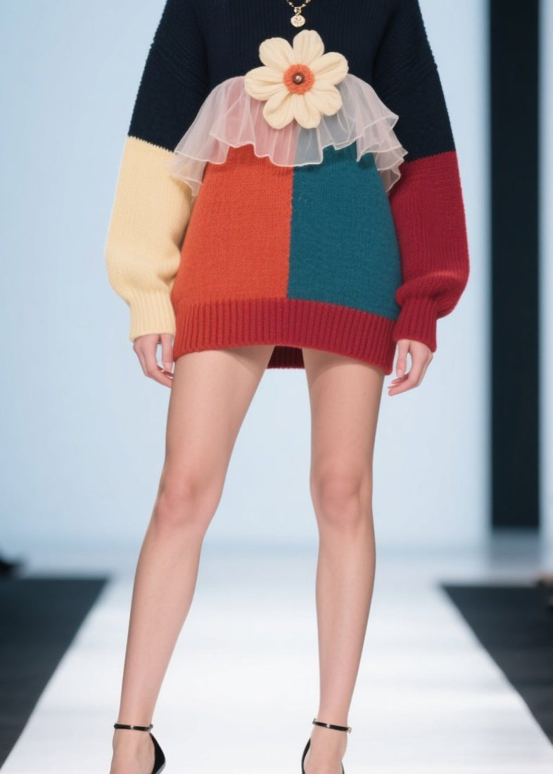 Colorblock O Neck Tulle Patchwork Knit Pullover Fall