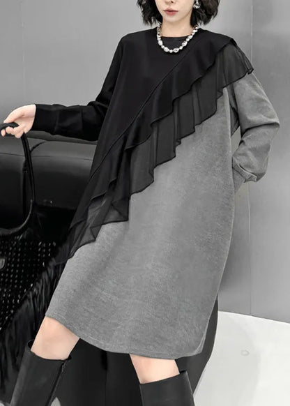 Grey O-neck Tulle Patchwork Cotton Knit Long Sweater Dress Lantern Sleeve