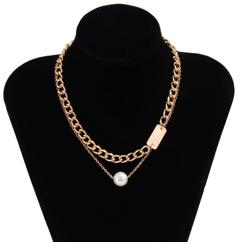 Simple Double-layer Geometric Square Pearl Necklace Temperament and Generous Metal Chain Neck Necklace