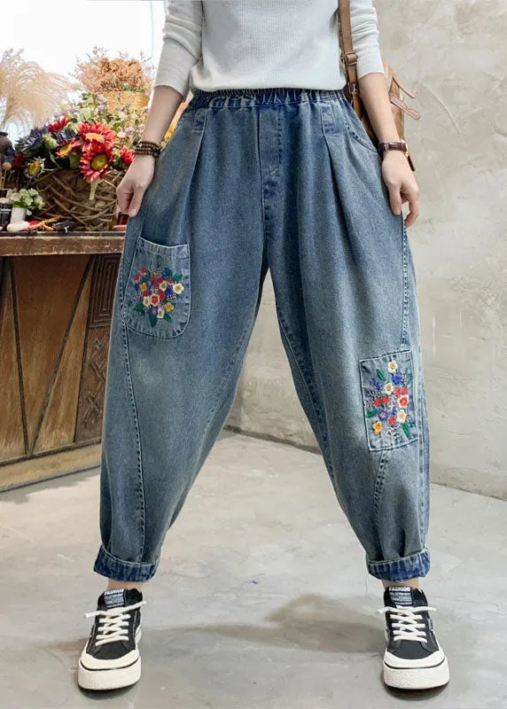 Denim Blue Embroideried Elastic Waist Pockets Cotton Harem Pants Summer
