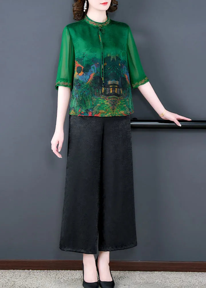 Green Print Tops and Pants Silk Two Pieces Set Summer