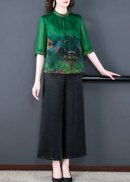 Green Print Tops and Pants Silk Two Pieces Set Summer