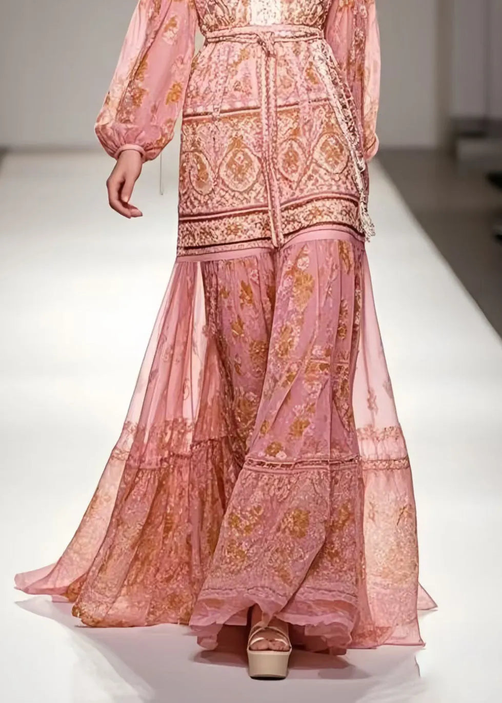 Modern Pink Cinched Print Chiffon Ankle Dress Spring