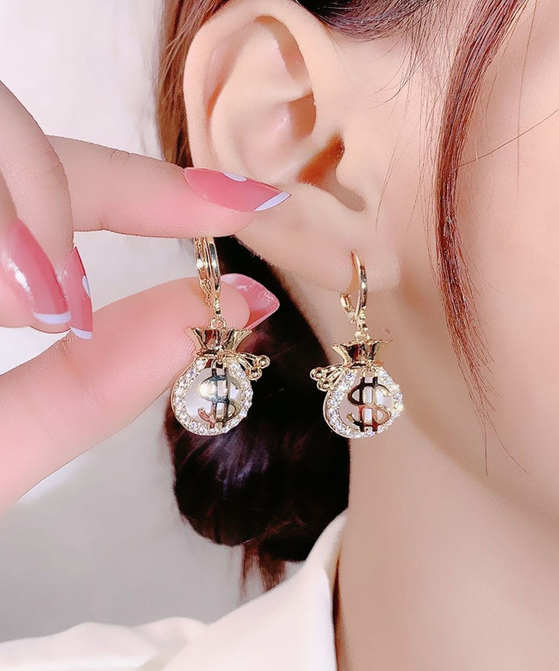 Gold Opal Zircon Money Bag Drop Earrings