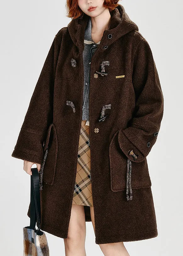 Coffee Pockets Button Woolen Hoodie Coat Winter