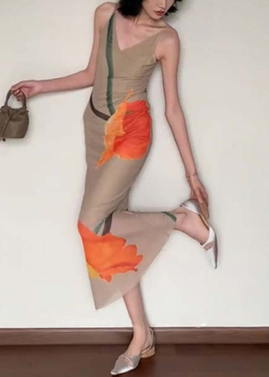Slim Fit V Neck Print Cotton Long Dress Sleeveless Summer