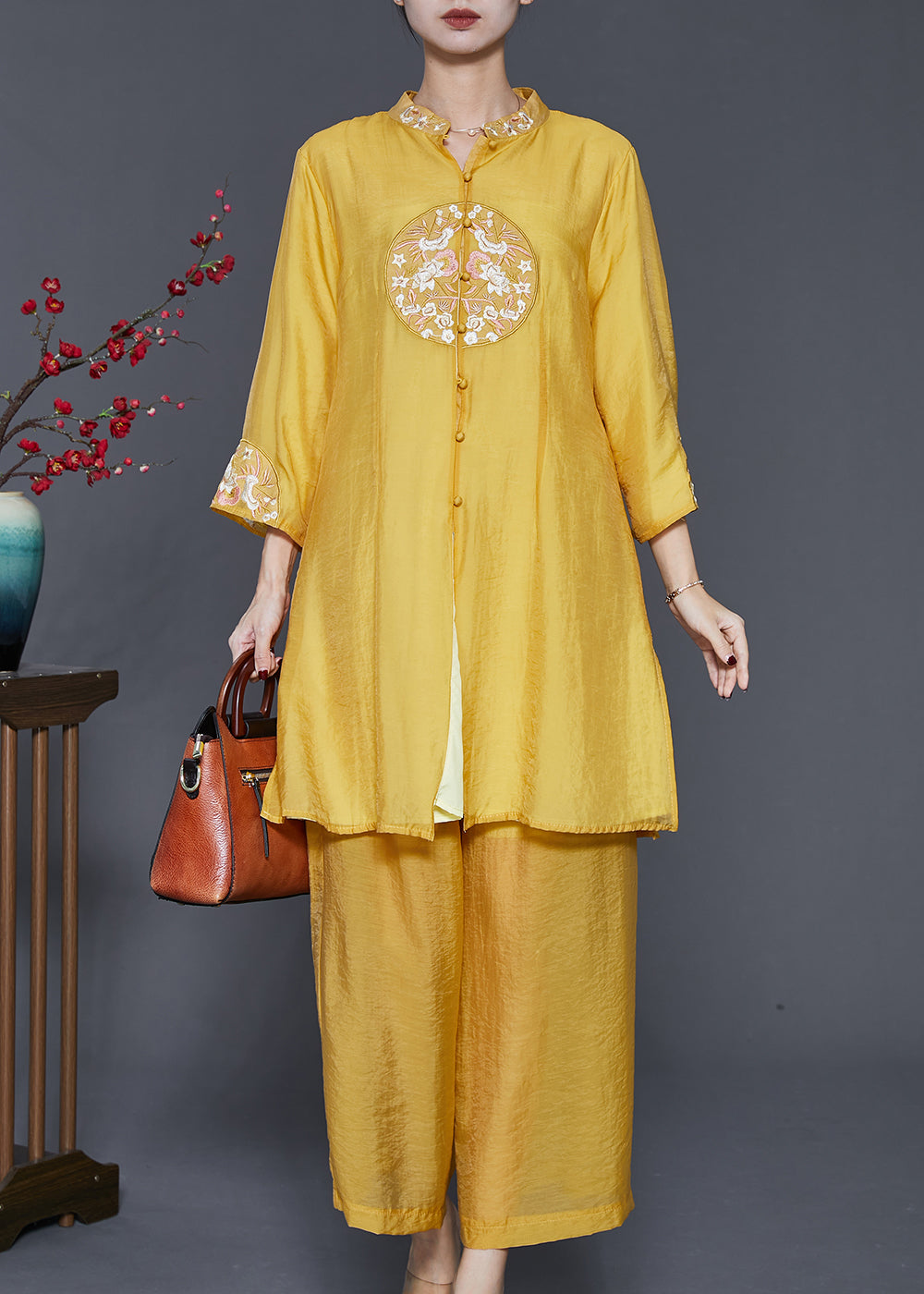 Yellow Linen Silk Two Piece Set Clothing Embroidered Spring