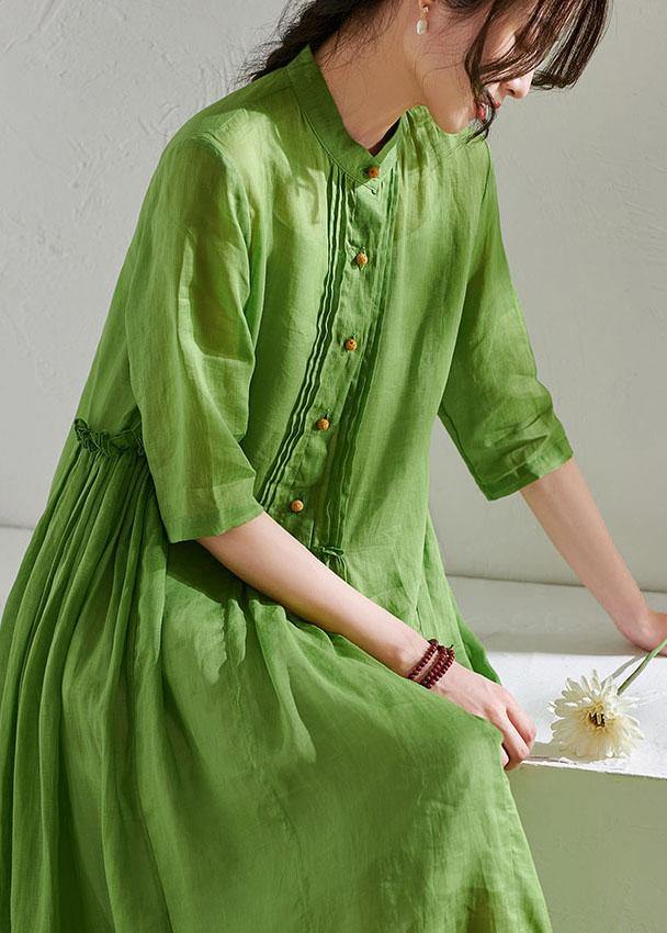 Art Green Ruffled Button Summer Ramie Party Dresses Half Sleeve