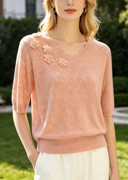 Pink Jacquard Knit Shirt Top Stereoscopic Summer
