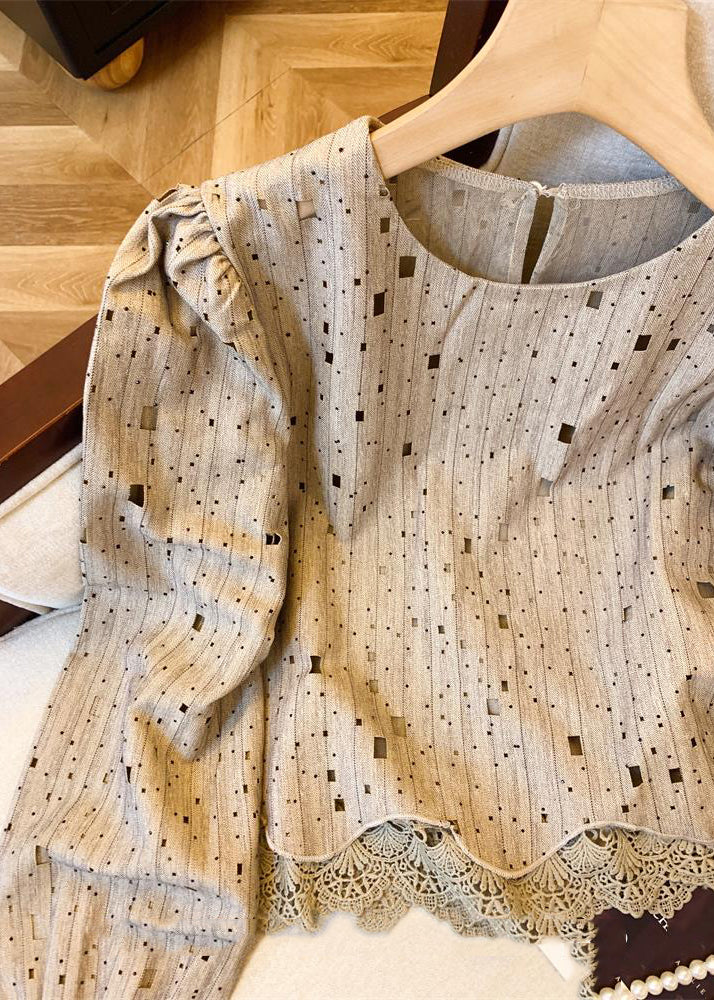 Khaki Patchwork Hole Hollow Out Shirts Fall