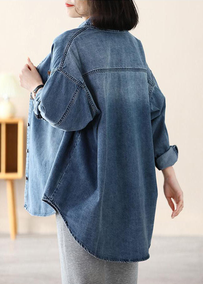Blue Peter Pan Collar Oversized Applique Cotton Denim Coat Spring