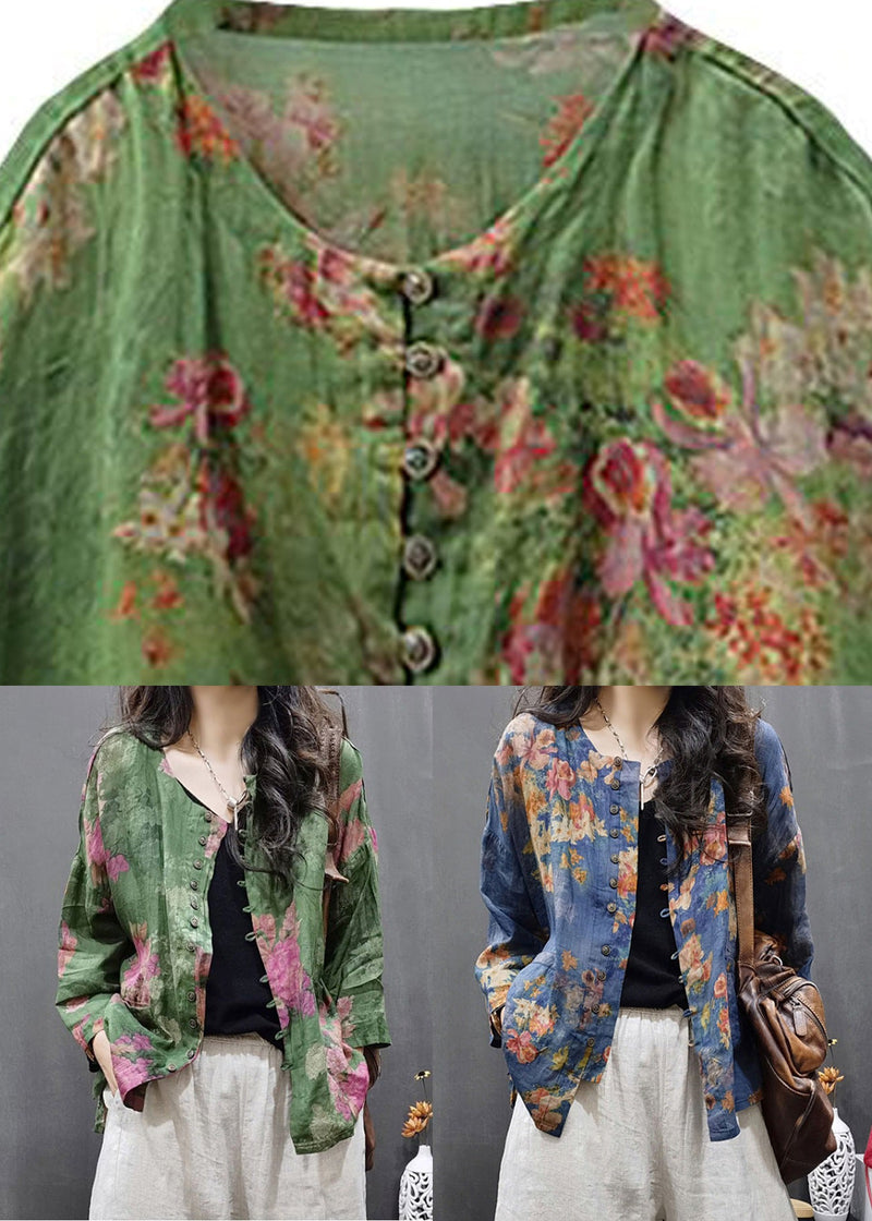 Blue Print Button Linen Top Long Sleeve