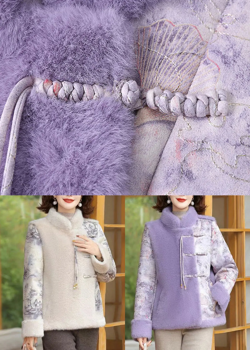 Beige Button Patchwork Mink Velvet Coats Winter