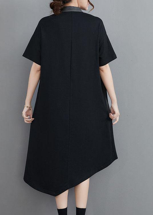 Classy Grey Patchwork Peter Pan Collar Pockets Long Summer Cotton Dress
