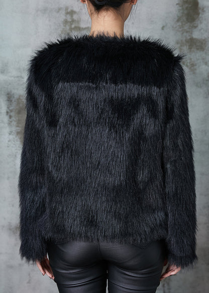 Black Patchwork Faux Fur Coat O-neck Winter