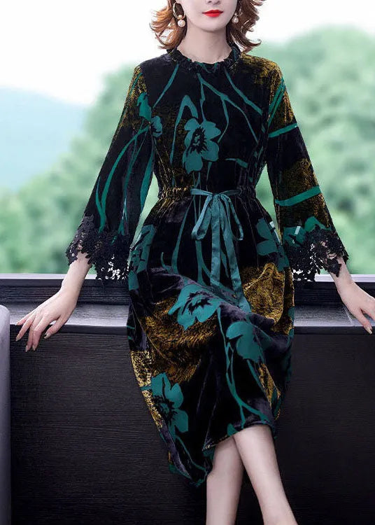 Green Cinched Jacquard Silk Velour Long Dress Spring