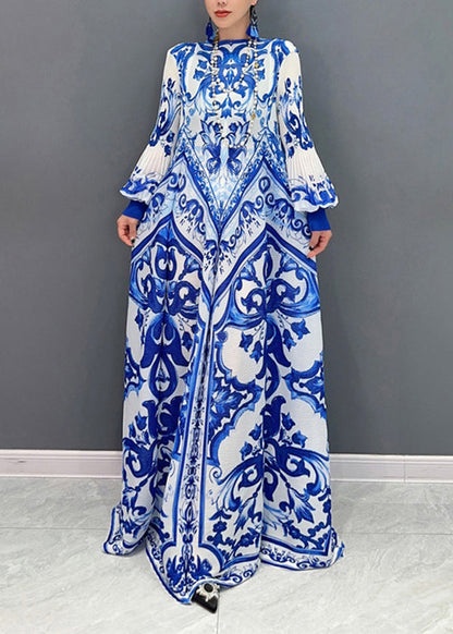 Fall New Blue and White Porcelain Print Chiffon Pleated Long Dress