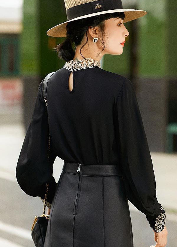 Black Stand Collar Embroideried Hollow Out Chiffon Blouse Tops Long Sleeve