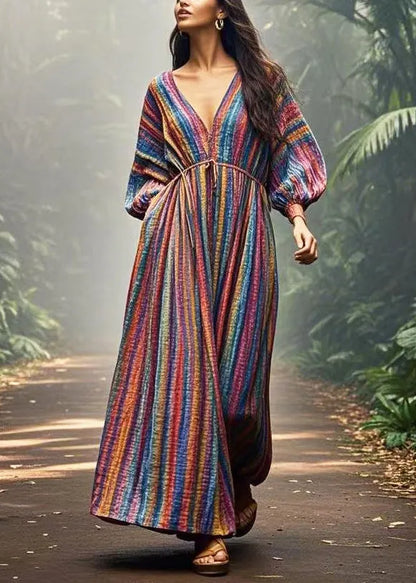 Diy Colorblock V Neck Striped Cotton Vacation Dress Spring
