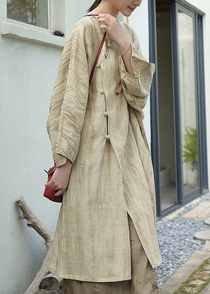 Beige O Neck Oriental Button Patchwork Cotton Dress Fall