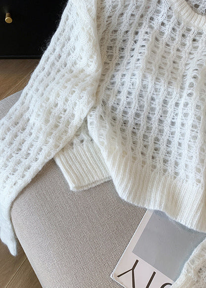 White O Neck Hollow Out Knit Pullover Fall