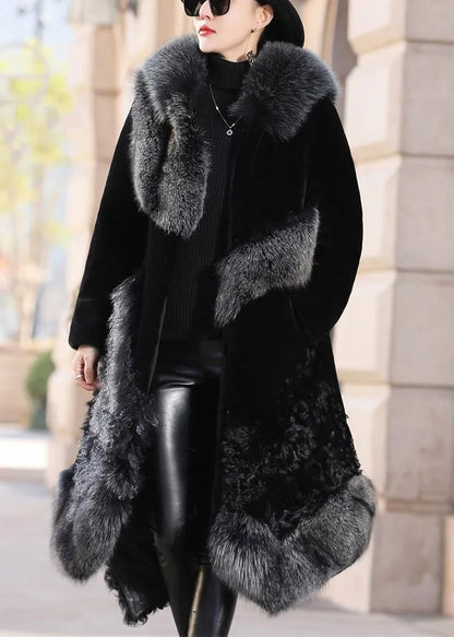 New Black Fox Collar Pockets Patchwork Leather and Fur Coats Winter