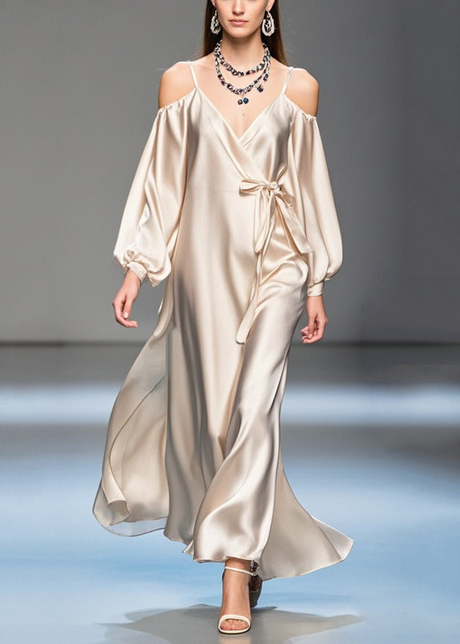 Champagne Cold Shoulder Tie Waist Silk Maxi Dresses Fall