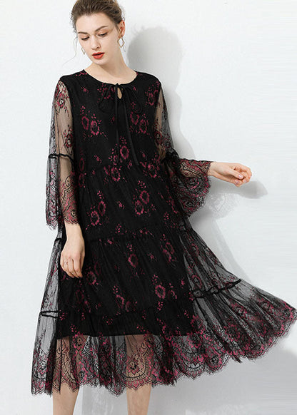 Black O Neck Hollow Out Lace Patchwork Tulle Dress Summer