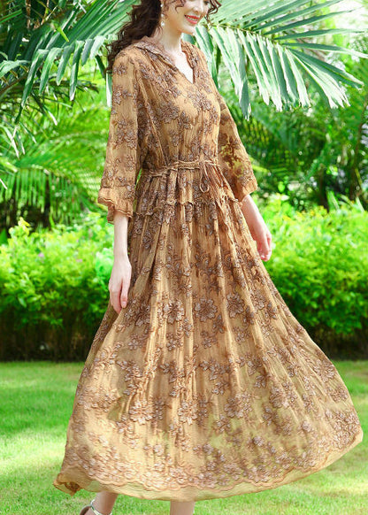 Khaki Hooded Embroideried Silk Cinched Dress Summer